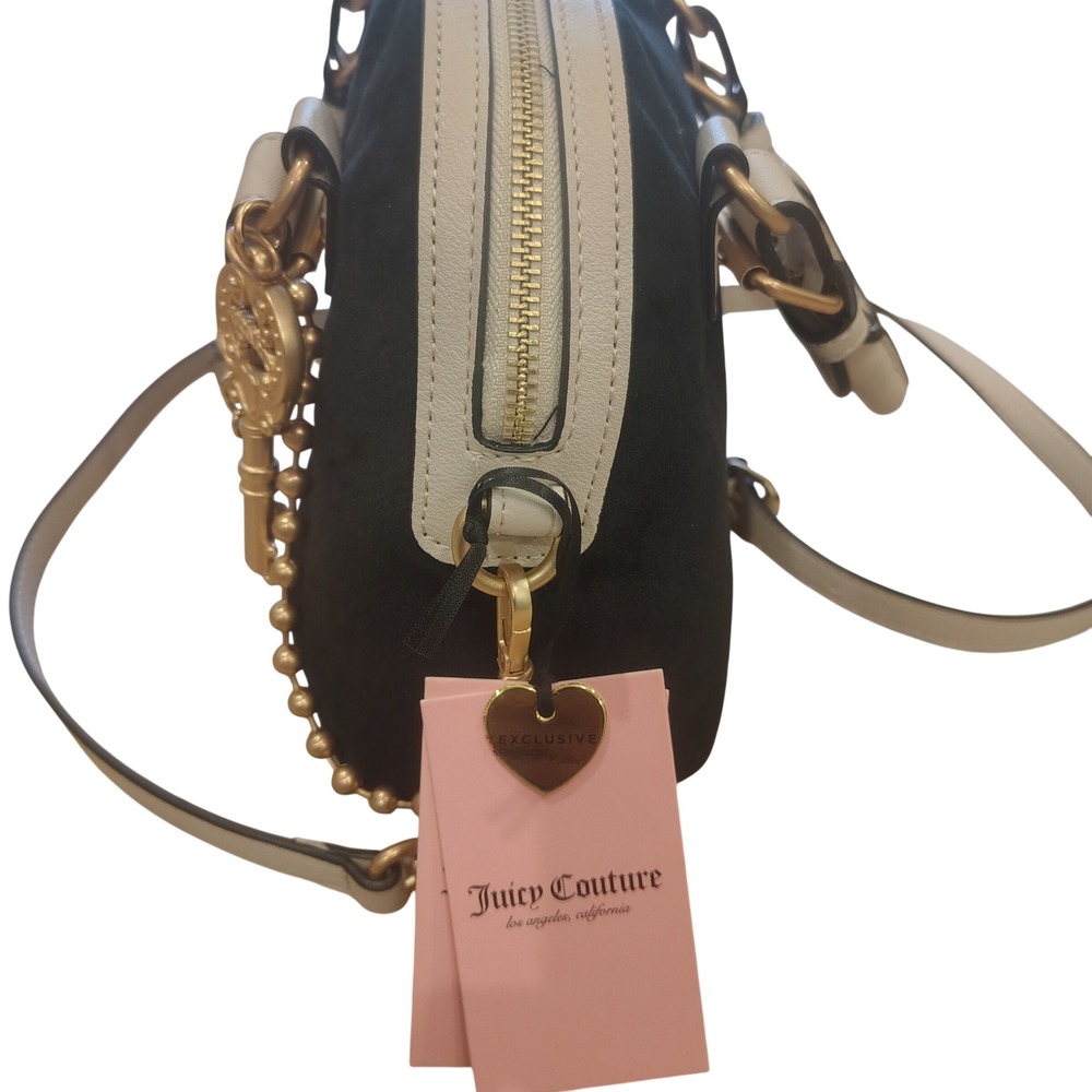 Juicy Couture Black Velour Satchel Bag White‎ Trim Gold Crown Logo Crossbody NEW - Picture 5 of 7